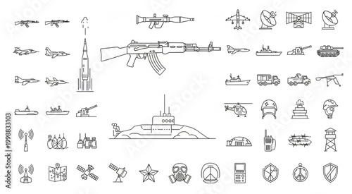 Military Equipment and Weapons Collection - A Detailed Line Art Illustration.