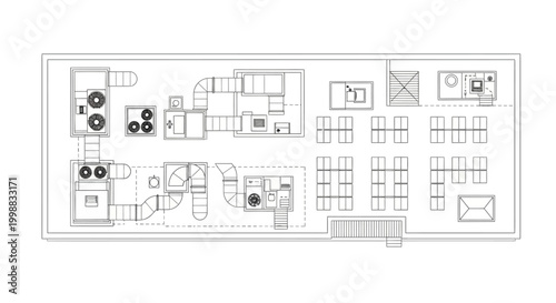 Detailed top-down architectural plan showing a complex layout of mechanical systems, ventilation ducts, and organized workspaces within a building.