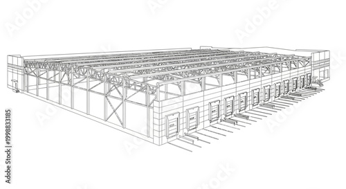 Wireframe rendering of a large industrial building with a complex roof structure and multiple loading docks.