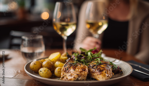 Delicious grilled chicken dish served with potatoes and vegetables at dinner