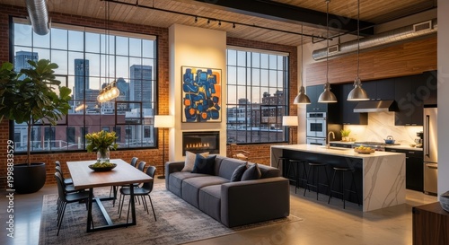 Modern Urban Loft Apartment Interior with City Skyline View.