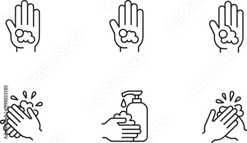 Hygiene Icons: Hand Washing Steps, Soap Dispenser and Bubbles