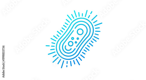 Abstract blue microbe icon with radiating lines on white background, scientific illustration