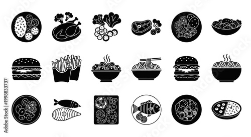 Collection of various food items in black and white silhouette style.