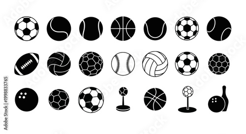 Collection of various sports balls and equipment in black and white silhouette.