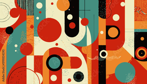 A Vibrant Symphony of Abstract Geometric Shapes and Colors in Dynamic Harmony and Contrasts