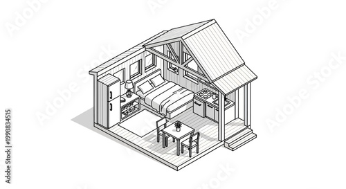 Isometric line drawing of a tiny house interior with a bed, kitchen, and dining area, showcasing compact living.