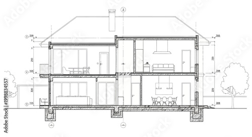 Detailed architectural cross-section drawing of a two-story residential house with basement, showing interior layout and structural elements.