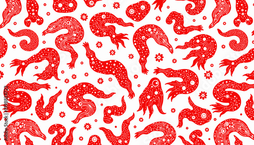 Vibrant Illustration of Abstract Red Creatures in Unique Patterns and Shapes on a White Background with Playful Motifs and Symbolic Artistic Expressions