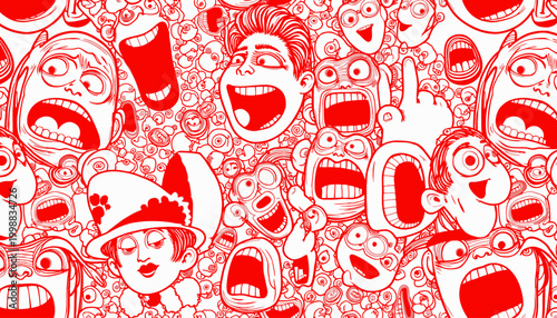 Intricate Red and White Illustration Featuring a Variety of Cartoon Faces Expressing Diverse Emotions in a Complex Doodle Pattern