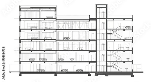 Detailed architectural cross-section drawing of a multi-story building with internal structures and stairwells.