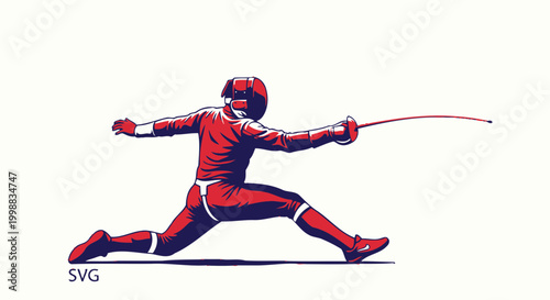 Fencer in Red Uniform Lunging with Sword, Dynamic Action Shot