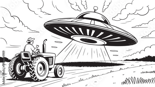 Farmer encounters alien spaceship hovering over a field in rural setting vector