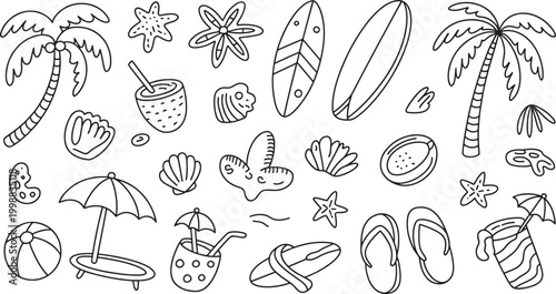 Tropical beach doodle illustrations with palm trees and surfboards