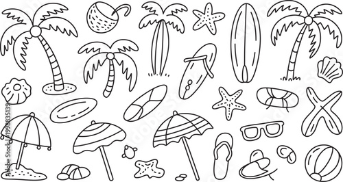 Tropical beach doodle illustrations with palm trees and surfboards