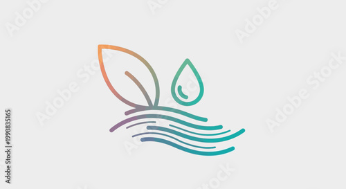 Eco friendly water drop and leaf icon on flowing waves, nature concept