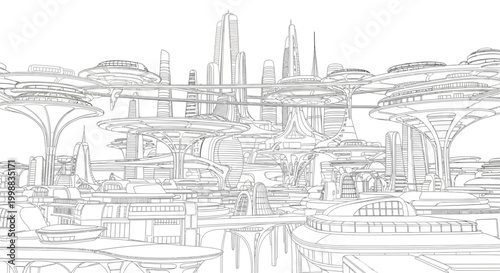 Detailed line drawing of a futuristic utopian city with elevated structures and advanced architecture.