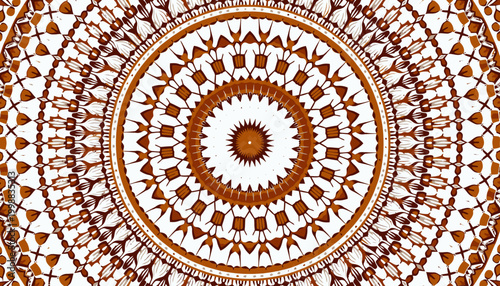Intricate Symmetrical Mandala with Geometric Patterns and Rich Brown Hues Reflecting Complexity and Harmony in Circular Design