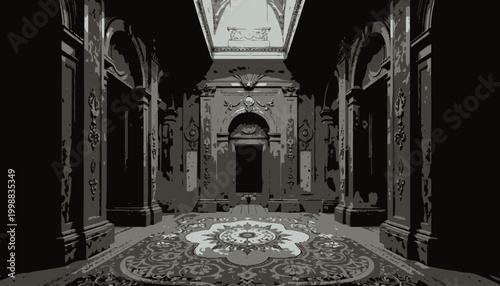 Opulent Baroque Hallway with Ornate Wooden Columns and Intricate Red Carpet Illuminated by Natural Light from a Skylight