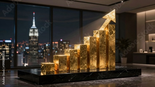 Gold Business Growth Chart with Upward Arrow in Luxury Office