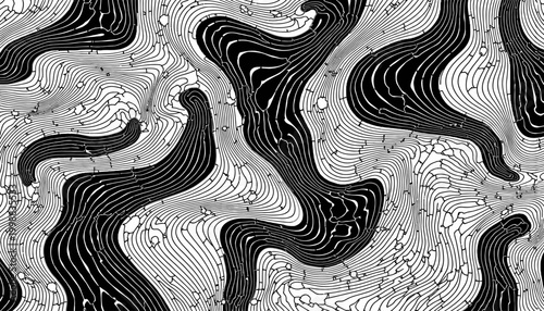 Intricate Black and White Abstract Swirling Lines Creating a Complex Topographic Pattern With Illusion of Depth and Movement
