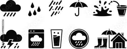 Rainy weather icons clouds raindrops umbrella boots house precipitation vector illustration set