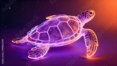 A majestic sea turtle illuminated with vibrant purple and orange neon lights, swimming through a dark, ethereal cosmic background with stars.