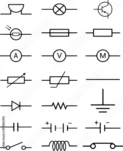 Collection of various electronic circuit symbols and diagrams, including icons for resistors, capacitors, and other components, used for engineering and educational purposes.