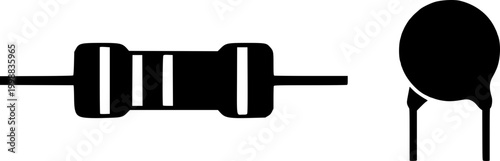 Black and white illustration of resistor electronic component and capacitor on a white background, used for graphic resources and technology designs.