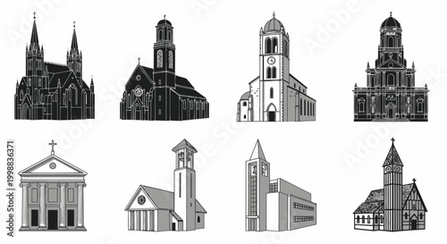 Collection of Diverse Church Building Silhouettes and Architectural Styles