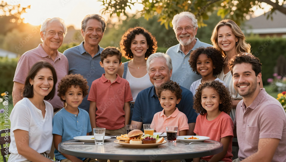 Fototapeta premium Proud Diverse Three Generation Family Group Portrait at BBQ