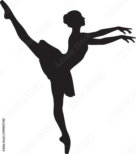 Silhouette of Elegant Ballerina Dancing Isolated on White Background