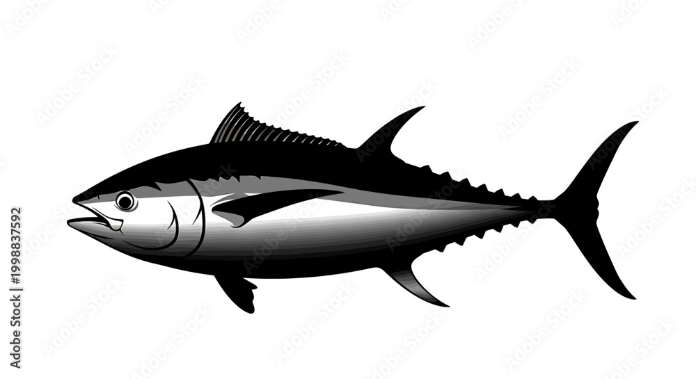 Fototapeta premium Dynamic monochromatic illustration of a powerful tuna fish, capturing its sleek form and aquatic essence in a captivating design element for marine themes