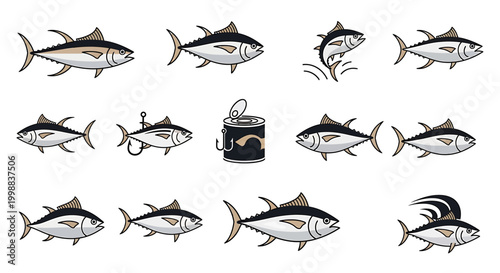 Collection of Tuna Fish Illustrations Showing Various Poses and a Can of Tuna, Ideal for Food and Seafood Related Designs