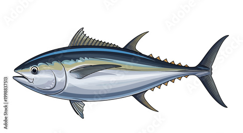 Vibrant illustration of a majestic tuna fish, a swift and powerful marine predator, highly prized in commercial fisheries and culinary arts across global oceans