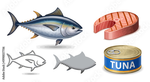 A detailed collection of tuna illustrations, featuring the complete fish, its outline, a silhouette, a grilled steak, and a can, representing healthy seafood options