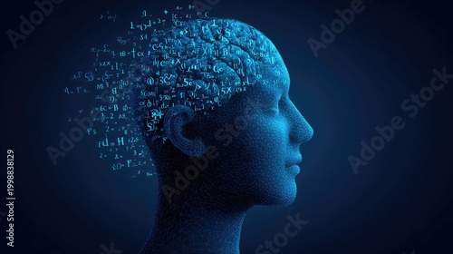 Abstract human brain conceptualization with mathematical symbols and codes symbolizing intelligence and thought processes