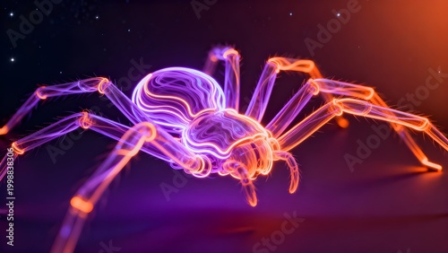A vibrant digital art of a glowing neon spider with purple and orange fiber optic lines on a dark background.