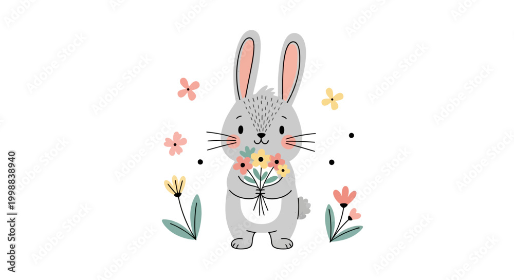 Obraz premium Cute gray rabbit holding colorful flowers surrounded by blooming tulips and butterflies in spring