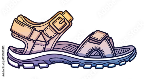 Comfortable beige and purple hiking sandal with adjustable straps and sturdy sole, isolated on white background.
