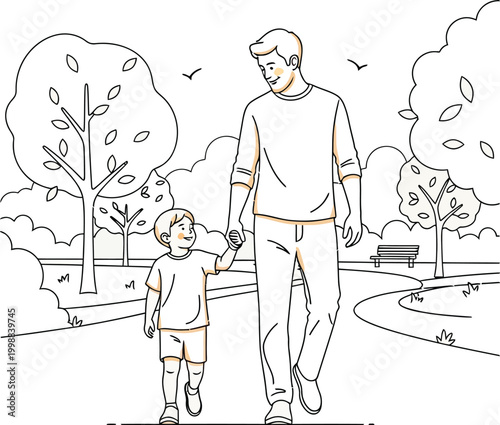 A father and his young son are holding hands and walking together happily in a park with trees and a path.