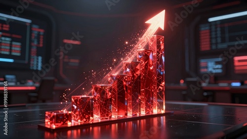 Futuristic Red Growth Chart with Upward Arrow and Glowing Particles