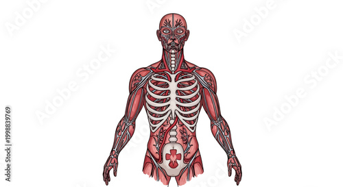 Anatomical illustration of the human muscular system and skeleton