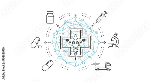 Healthcare Network Technology: Medical Icons Connected by Digital Grid