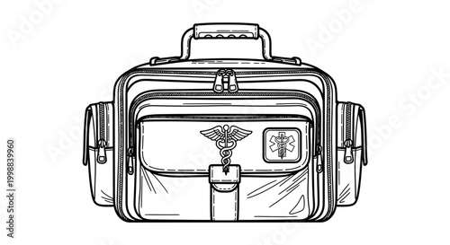 Medical Bag with Caduceus and Star of Life Symbols - Line Art