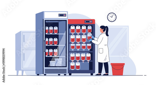 Medical technician handling blood bags in a laboratory refrigerator