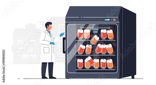 Scientist checking blood bags in a laboratory incubator for medical research and transfusion