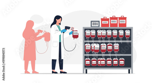 Scientist Scanning Blood Bags in Storage, Blood Donation and Medical Research Concept