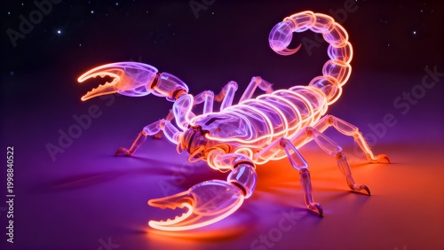 A stunning 3D digital illustration of a scorpion made of glowing neon tubes in vibrant orange and purple light against a dark, cosmic background.
