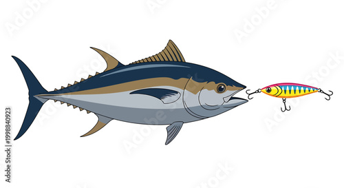 Vivid illustration of a tuna fish with a fishing lure in its mouth, symbolizing the act of being caught or hooked